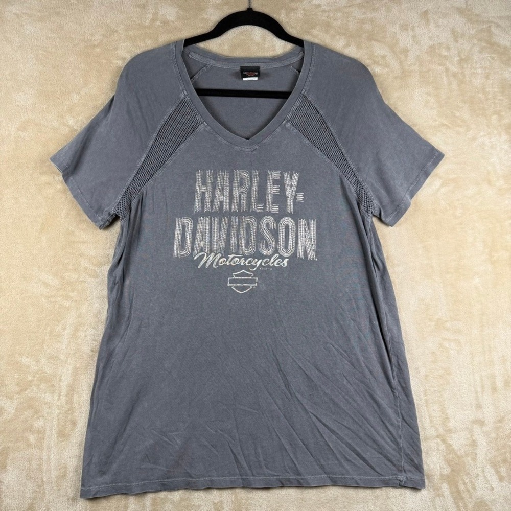 Harley-Davidson Womens XL Gray V-Neck Mesh Shoulder Foil Graphic Tee Denver CO